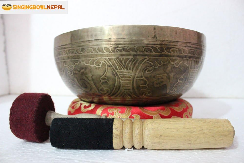 10" Om Mane Padme Hum Mantra Carved Singing Bowl for Meditation, Healing & Music Therapy - Tibetan Handmade Bowls From Nepal