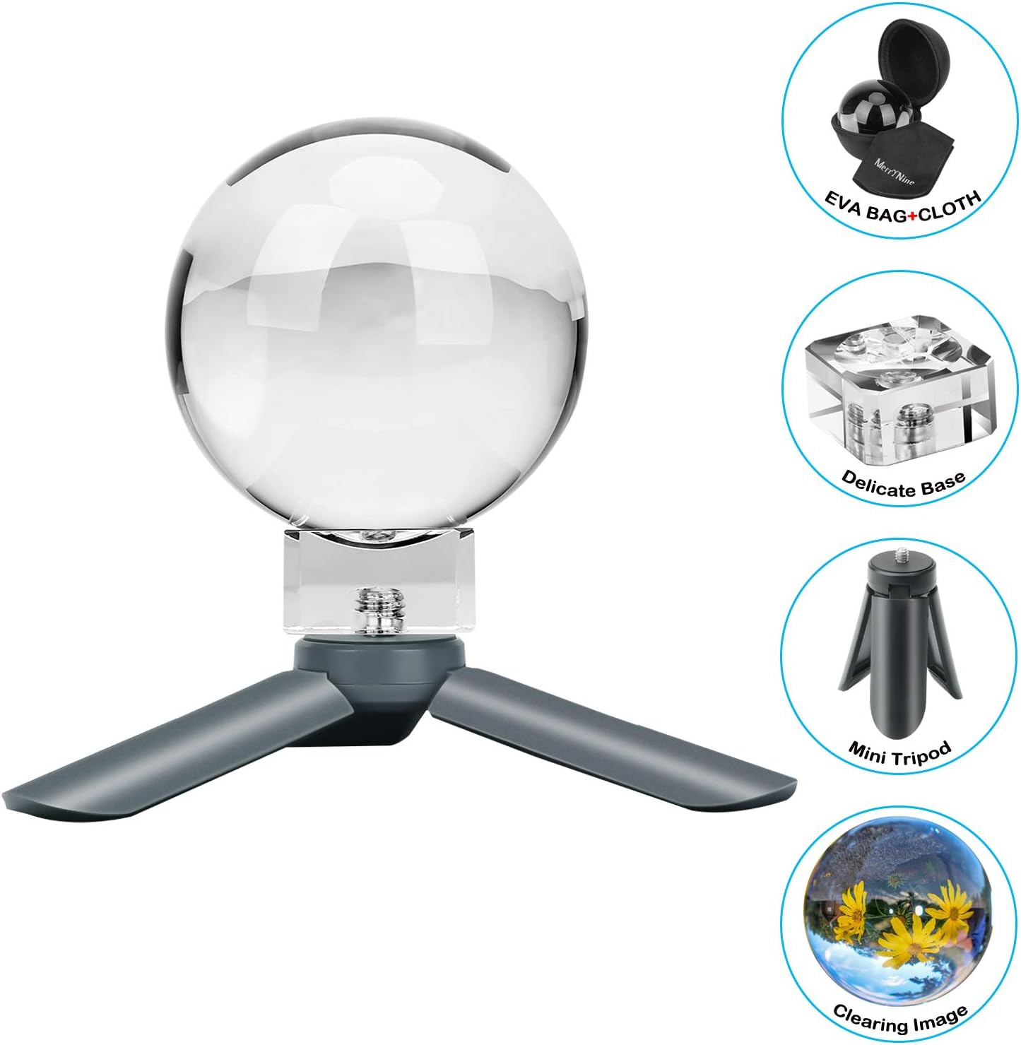 MerryNine K9 Crystal Photography Ball, K9 Lens Crystal Ball with Mini Tripod, Universal Camera Interface Crystal Base and Pouch, for Teaching Light Spectrum Physics Art Decor, (60mm)