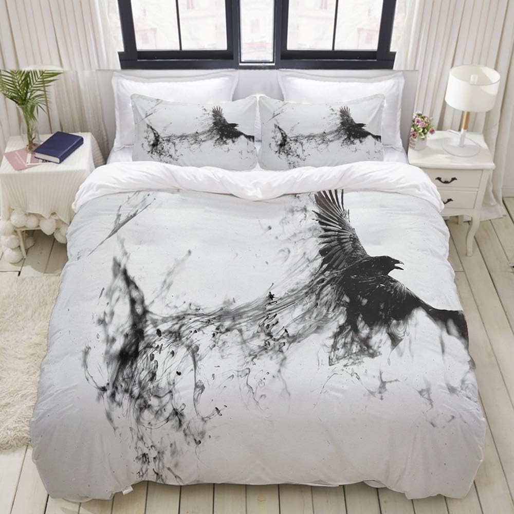 LIASDIVA Bedding Duvet Cover Set, Bird Flying Black Raven, Microfibre Duvet Cover Set 225 x 225cm with 2 Pillowcase 50 X 75cm
