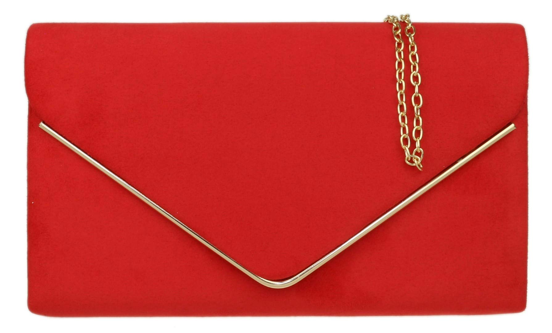 Girly Handbags Womens Faux Suede Clutch Bag Envelope Metallic Frame Handbag Red