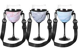 Beautyflier Wine Glass Insulator/Drink Holder/Neoprene Sleeve with Adjustable Neck Strap For Wine Walk (Marble Blue/Pink/Gray