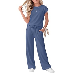 Joiceful Girls 2 Piece Outfits Sets | Short Cap Sleeve Crewneck Top, Wide Leg Drawstring Casual Pants Sets, Travel Clothes, B