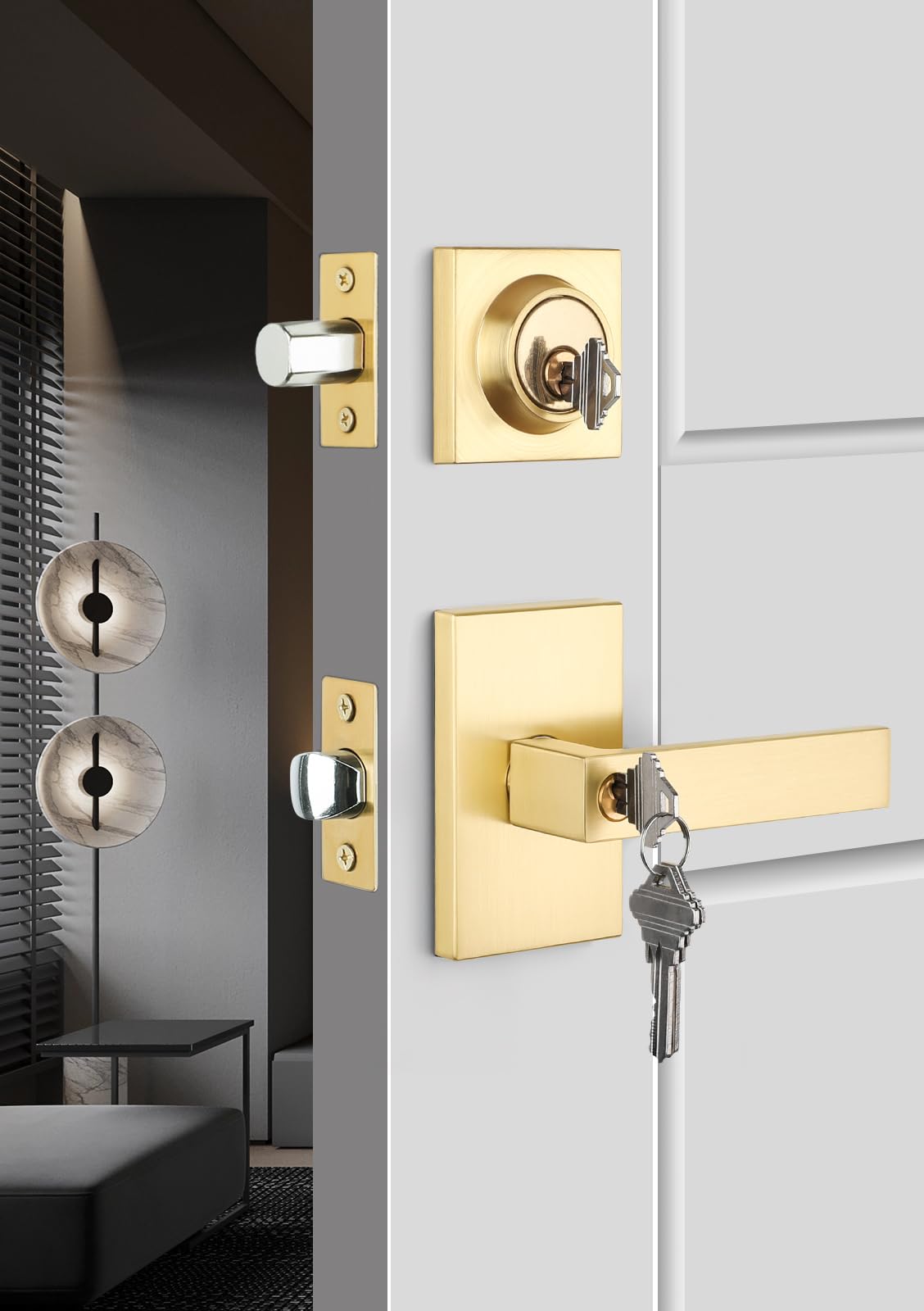 Photo 1 of Gold Exterior Door Lock Set, Front Door Lock Set with Deadbolt, Square Contemporary Brushed Gold Front Door Lock Sets, Heavy Duty Zinc-alloyed Exterior Door Handle (1 Pack)