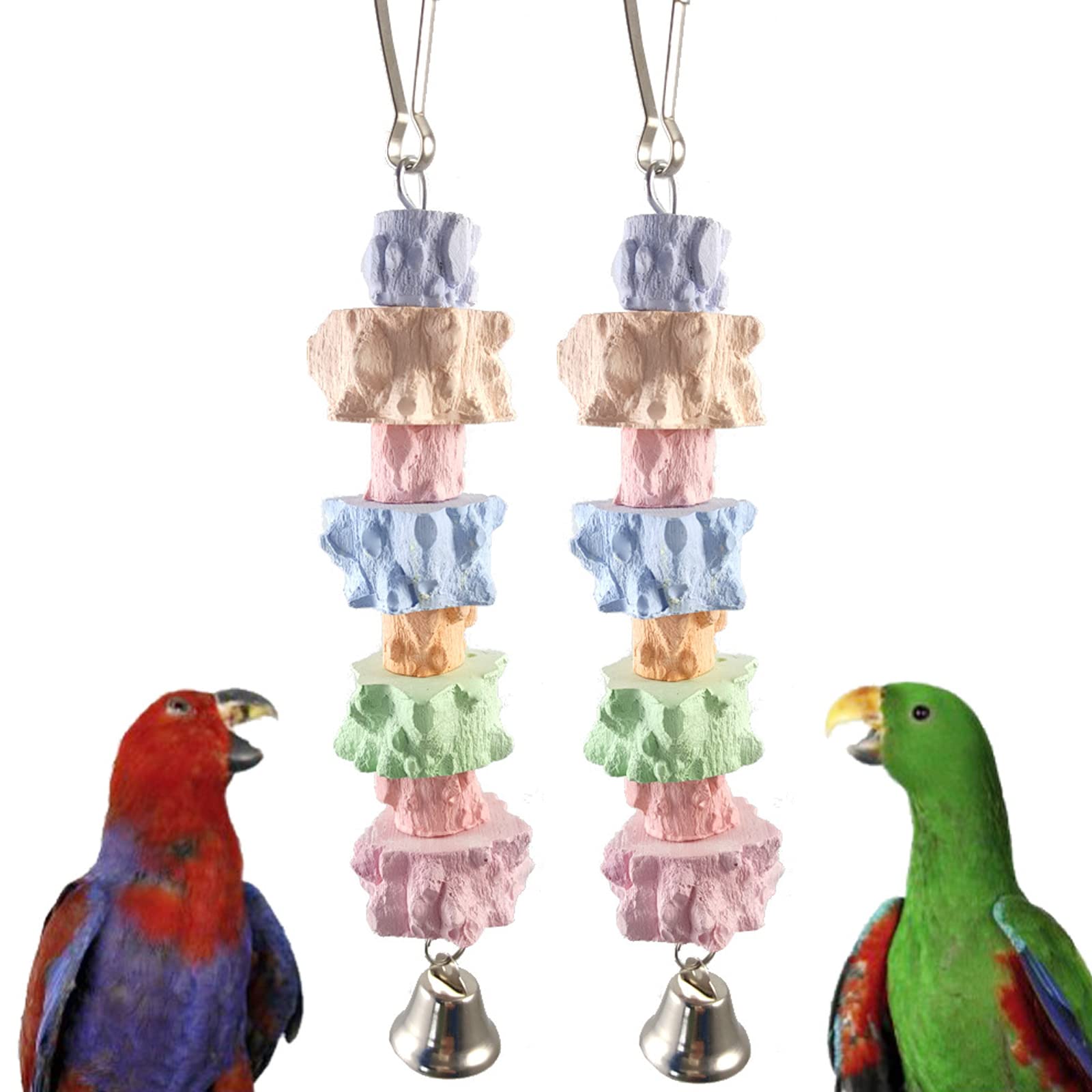 Vokowin 2PCS Bird Chew Toy, Colorful Beak Grinding Stones Toys, Parrot Cages Bite Chew Training Hanging Chew Toys with Bell for Cockatiels, Budgie, Parakeets, Lovebirds Parrot (K213-2)