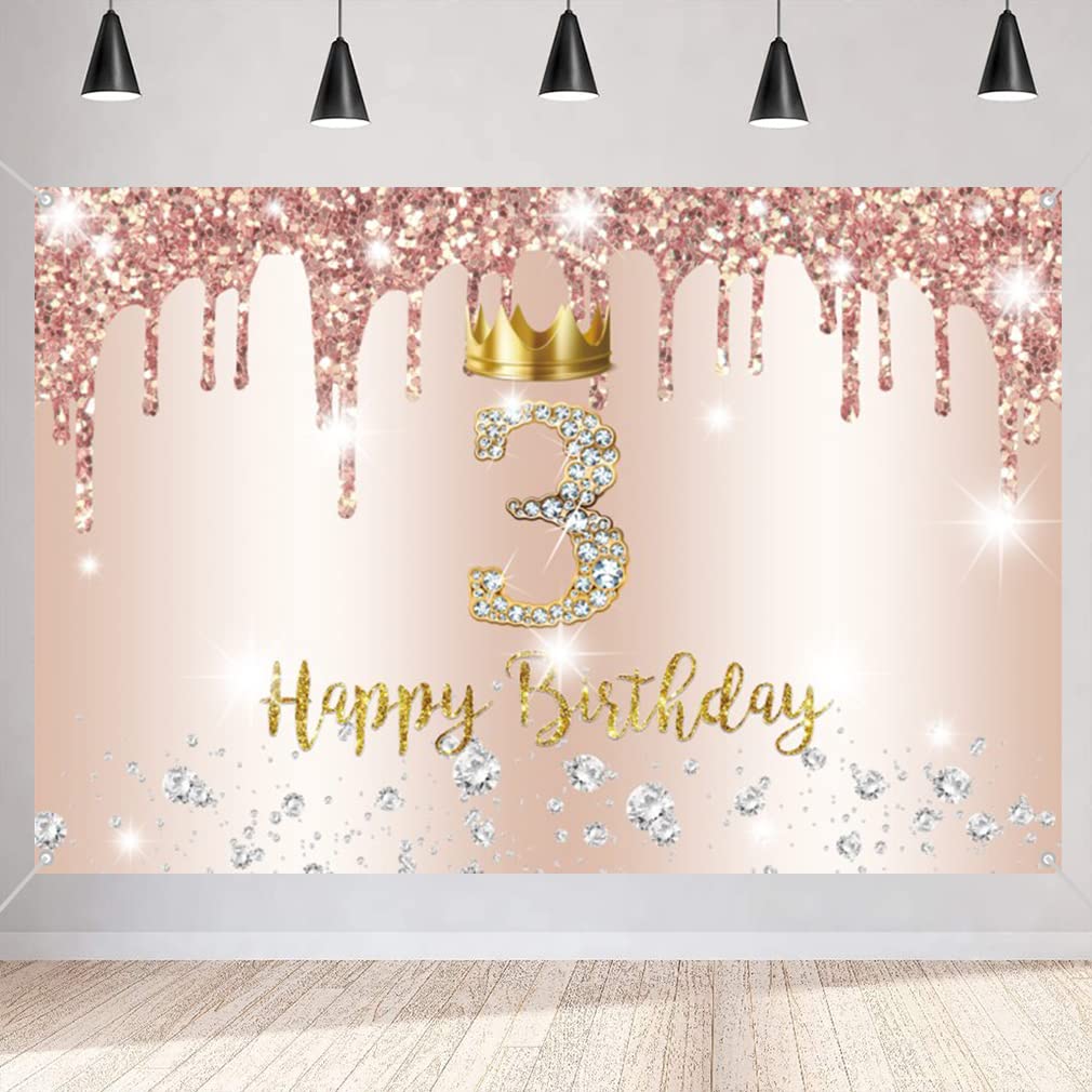 3rd Birthday Decorations for Girl, Happy 3rd Birthday Backdrop Banner Party Deco Girl 3 Years Old Sign Poster Rosegold Photo Background Party Supplies, 150cm x 90cm