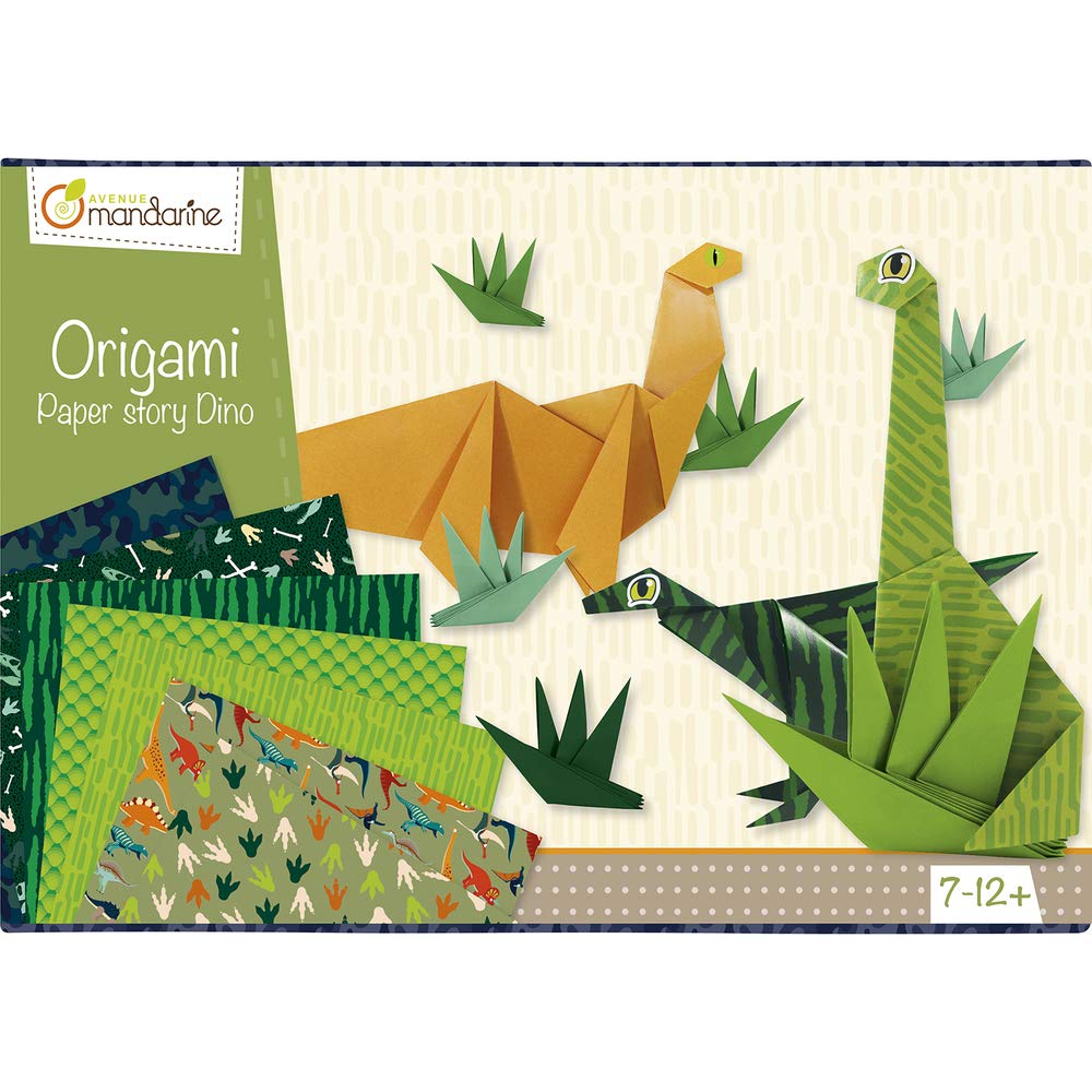 Avenue Mandarine - Ref KC040C - Origami 'Paper Story' Dinosaur Activity Box - Contains 20 Sheets, 15 x 15cm, Printed Patterns, Sheet of Stickers Included, Suitable for Ages 7-12+