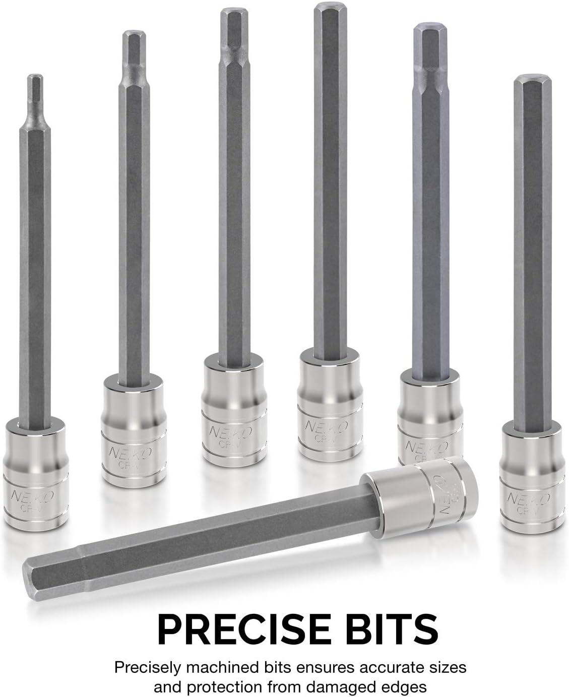 Neiko 10076A 3/8” Drive Extra Long Allen Hex Bit Socket Set, Metric, 3mm to 10mm | 7-Piece Set, S2 and Cr-V Steel - Allen Socket Set - 