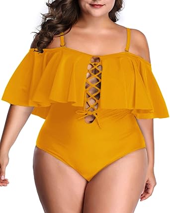 yellow off the shoulder one piece swimsuit