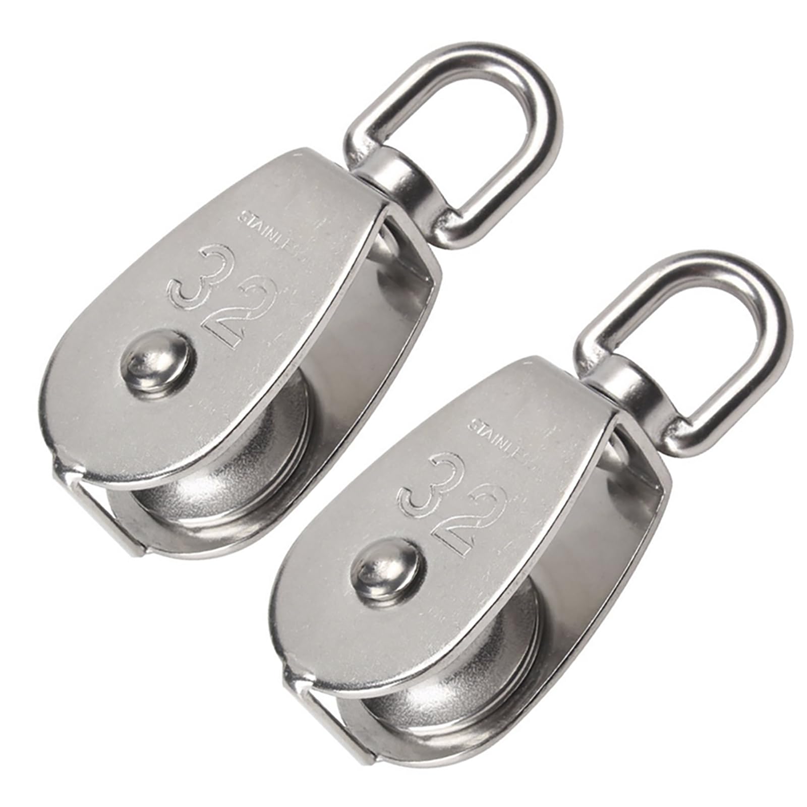 BuxiuGK 2 Piece 32 mm Single Pulley Block Heavy Duty Pulley Roller in 304 Stainless Steel Suitable for Rope or Cord in Indoor and Outdoor Loading 250kg- Silver