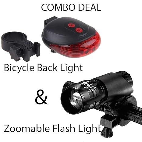 BabyGo Combo of LED-Laser Tail Light, Zoomable Mode Bicycle Headlight, LED-Flashlight Front-Bicycle Light Lamp Mount Torch and Holder Clip-Mount