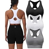 BLUELILY Women's Sports Bras 3 Pack Racerback Medium Support Bras V-Neck Padded Workout Seamless Yoga Athletic Bras
