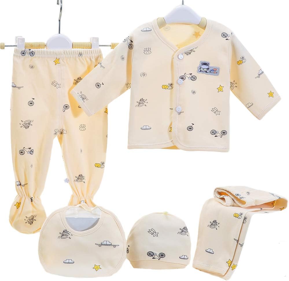 5PCS Newborn Layette Set Infant Boys Girls Baby Cotton Clothes 0-3M Tops Hat Pants Suit Essentials Outfit Sets