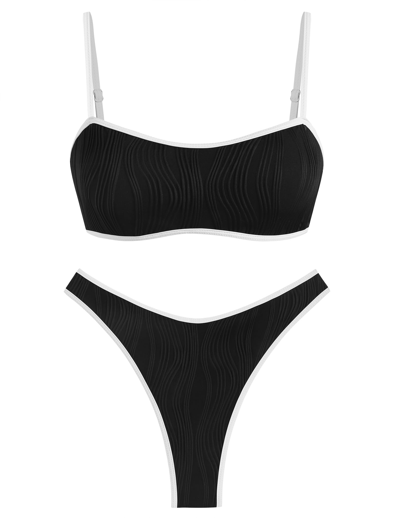 ZAFUL Women Strapless Ribbed High Cut Bandeau Bikini Lace Up 2 Pieces ...