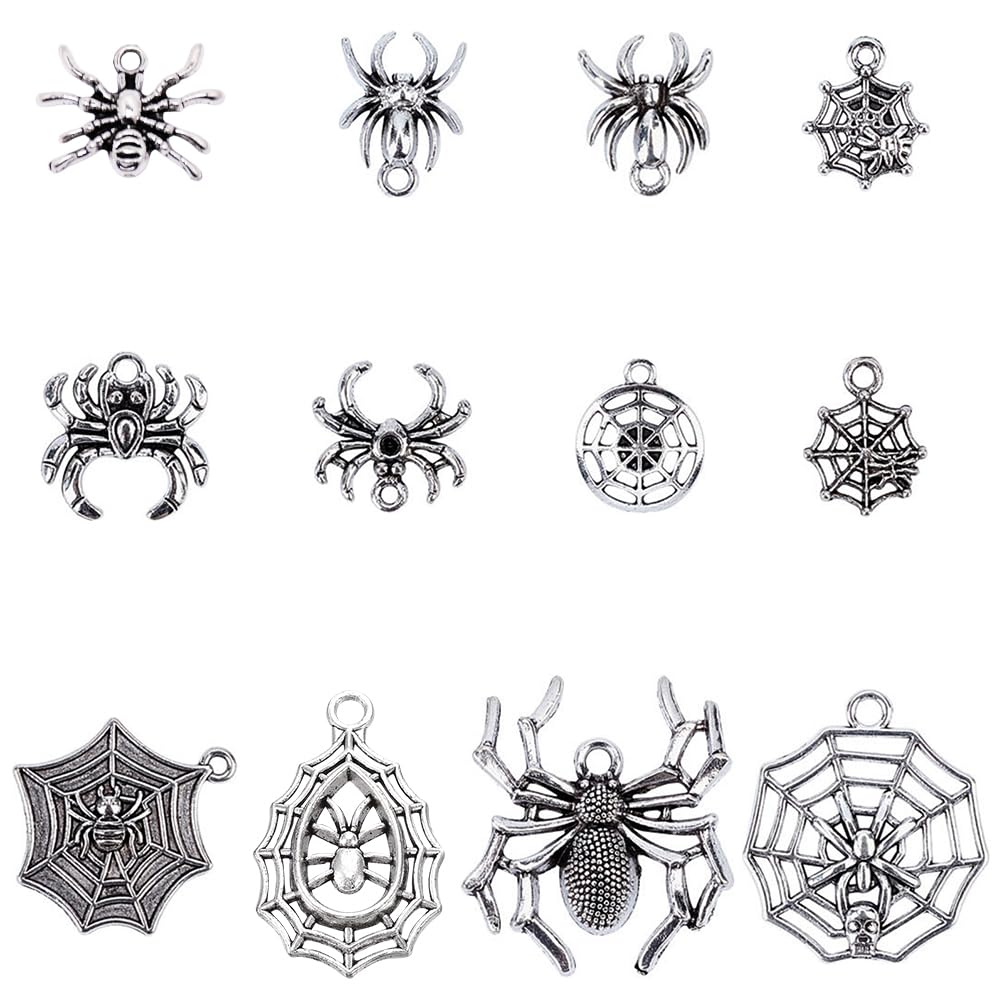 SUNNYCLUE 1 Box 48Pcs 12 Styles Tibetan Style Spider Charms Vintage Alloy Halloween Spider Web Pendants Supplies for Adults DIY Bracelet Earring Necklace Jewellery Making, Antique Silver