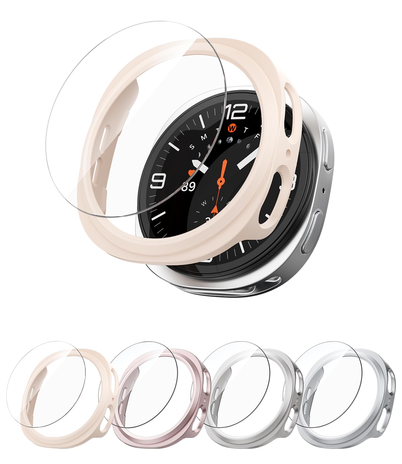 WEHAMU 2025 4 Pcs for Samsung Galaxy Watch 8 Case 44mm Hollow PC Case, Scratch-Resistant Bumper & 2 HD Screen Protector Set - 【Sandy Pink+Silver+Rose Pink+Starlight】