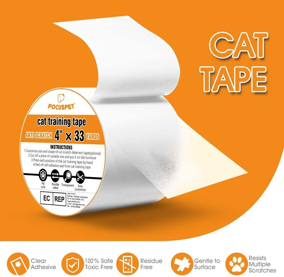 FOCUSPET Cat Scratch Deterrent Tape 4" x 33 Yards (33% Wider) Furniture Protectors from Cats | Cat Training Tape Scratch Pad Double-Sided Furniture Protectors for Sofa, Couch, Door : Pet Supplies