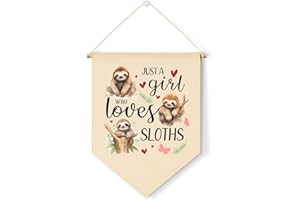 Guawubiang Canvas Hanging Flag, Hanging Pennant Flag, Sloths Theme Wall Hanging Sign, Cute Sloths Decoration Gift for Girls, Just a Girl Who Loves Sloths Hanging Decor Flag
