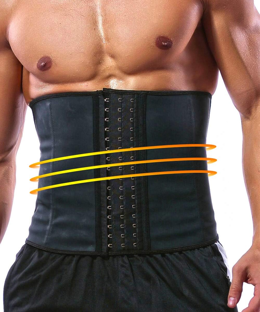 GainKee 100% Latex Men Waist Trainer Corsets with Steel Bone Sweat Belt Sauna Suit for Fitness Body Shaper