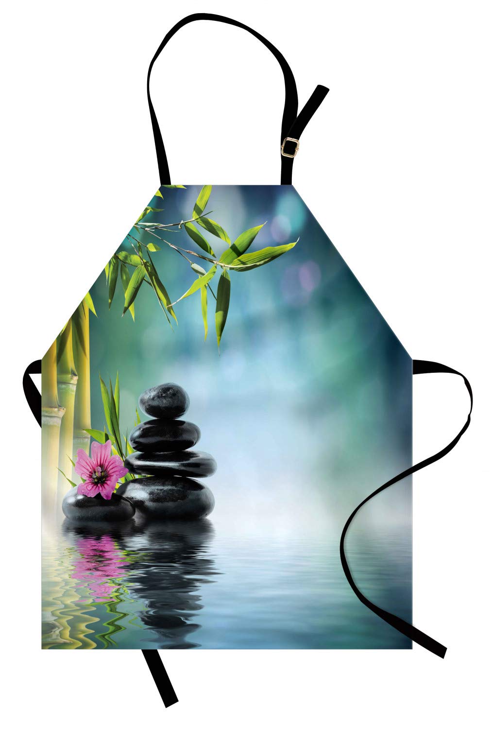 ABAKUHAUS Peace Garden Apron, Pink Flower Spa Stones and Bamboo Tree on the Water Relaxation Theraphy Peace, Unisex Kitchen Apron with Adjustable Neck for Cooking Baking Gardening, Dark Sky Blue