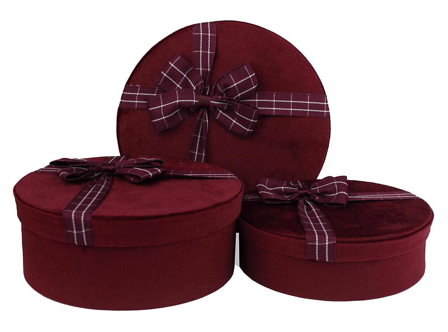 Emartbuy Set of 3 Rigid Luxury Round Shaped Presentation Velvet Gift Box, Burgundy Gift Box with Black Interior and Striped Decorative Ribbon