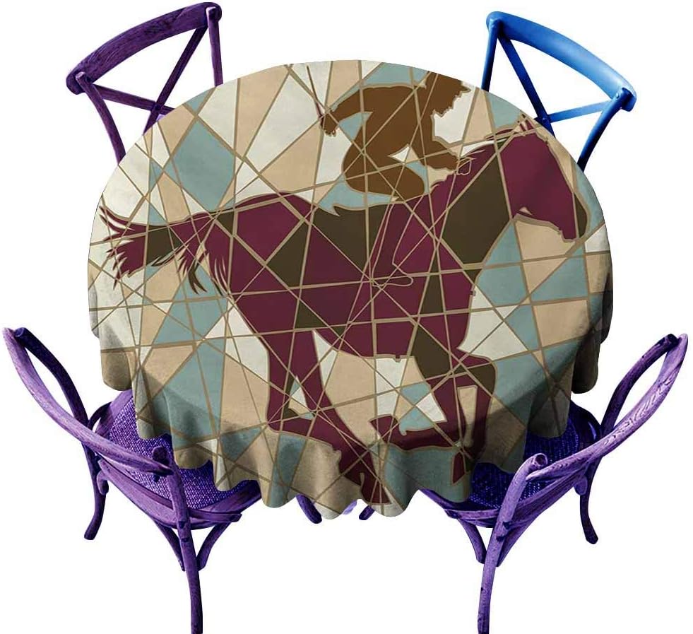 Zodel Round Outdoor Tablecloth,Mosaic Running Stable Racehorse and Jockey Silhouettes on Pieced Background,for Banquet Decoration Dining Table Cover,63 INCH,Purple Pale Brown Teal