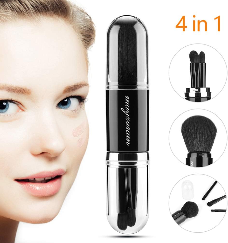 4 in 1 Retractable Makeup Brushes Set Foundation Brush Powder Brush Eye Shadows Brushes Kit with Lids Mini Cute Telescopic Makeup Brushes Set for Travel and Household Silvery