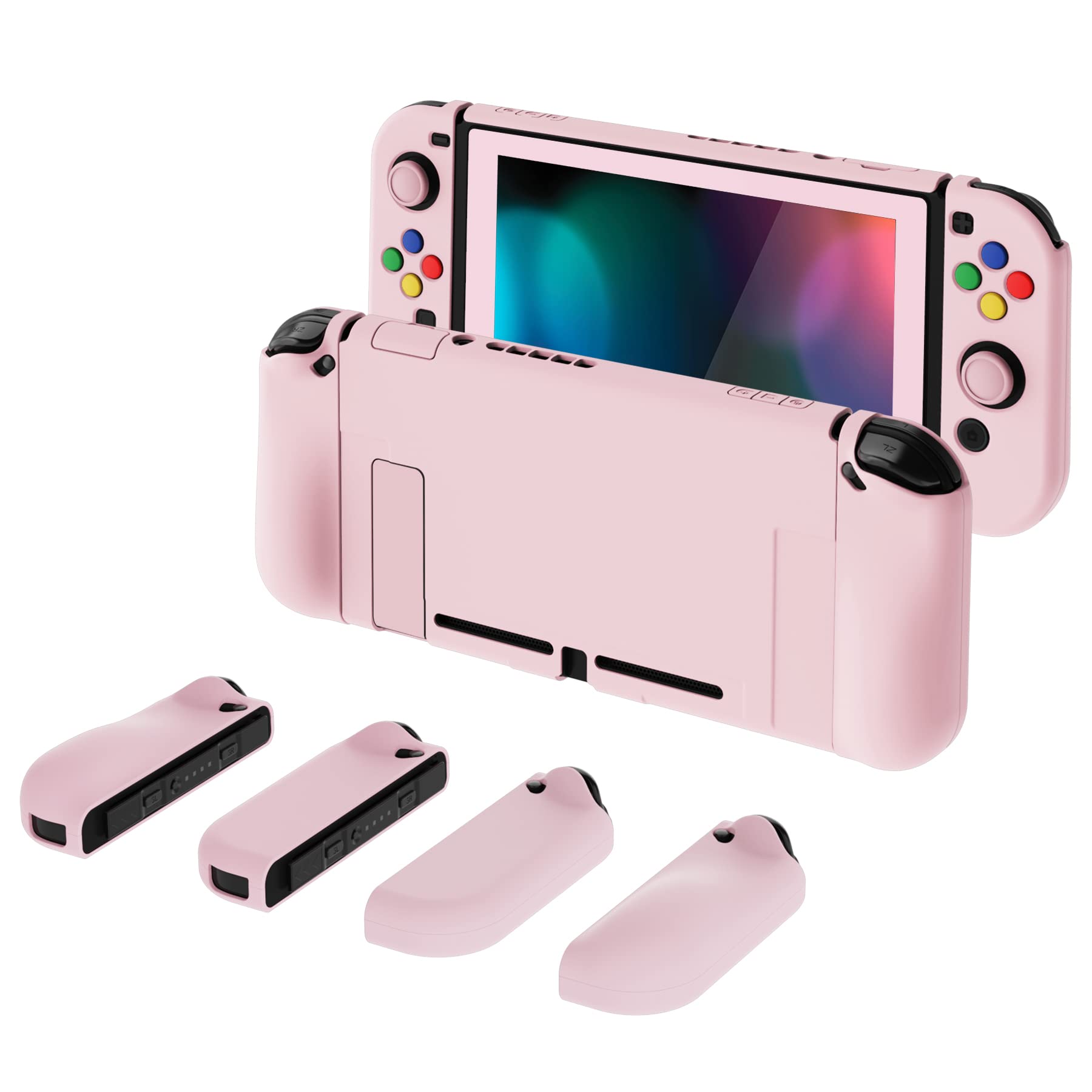 PlayVital AlterGrips Ergonomic Grips Cover for Nintendo Switch, [2 Design] Interchangeable Comfort Dockable Protective Case with Screen Protector & Thumb Grip Buttons Caps - Cherry Blossoms Pink