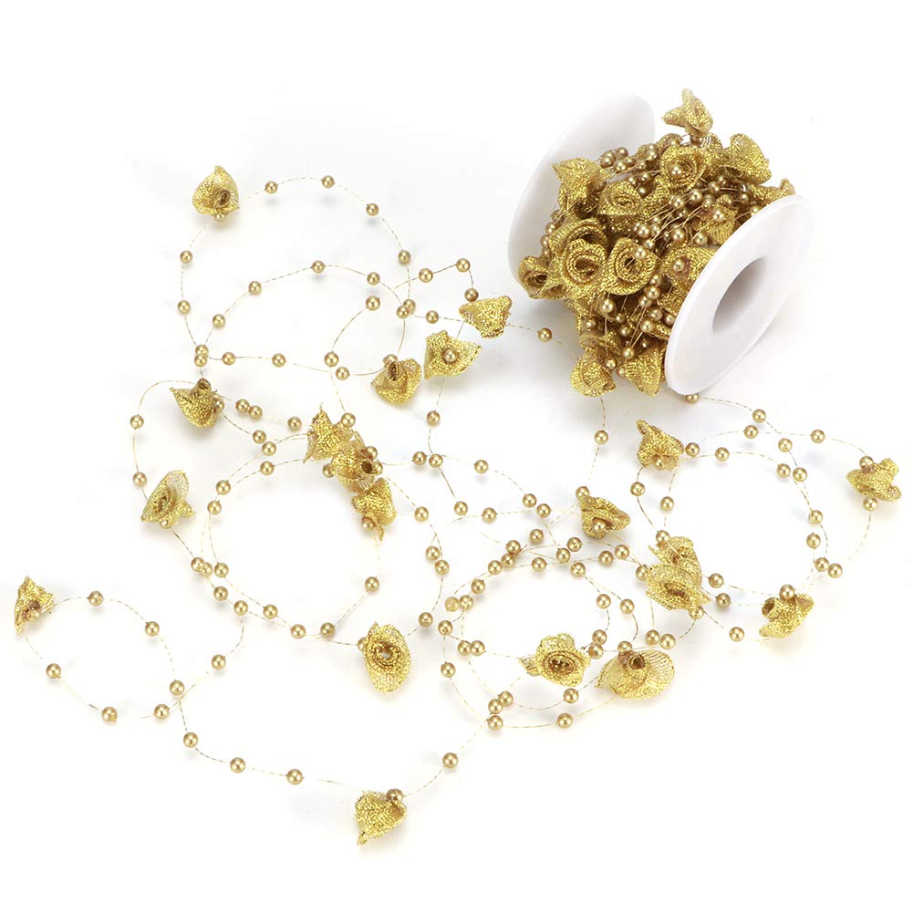 10M Artificial Ribbon Rose Pearls String Beads Chain Garland for Wedding Party Decoration Supplies DIY Crafts (Gold)