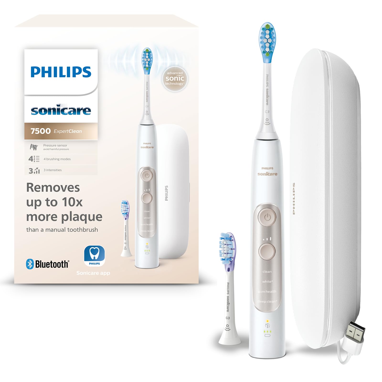 Philips Sonicare Expertclean 7500 - Brosse à Dents Électrique avec Application, 4 Modes De Brossage et 3 Niveaux D'Intensité, Capteur De Pression, Blanc-Or, Hx9691/02