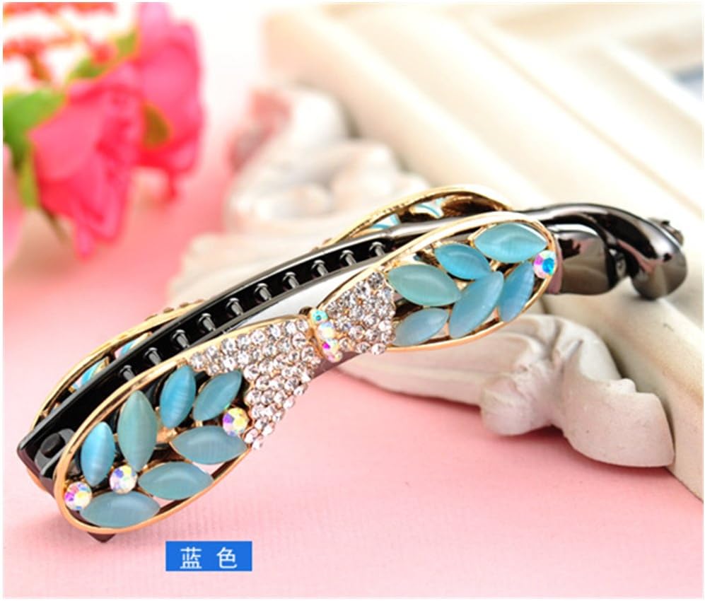 Casualfashion Women's Rhinestone Hair Decoration Banana Hair Pin Clip Barrette Clamp Claw Ponytail Holder (Blue)