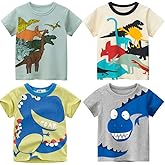 NautySaurs 4-Pack Toddler Boys Dinosaur Shirts Shark Excavator Truck T-Shirts Graphic Short Sleeve Tees