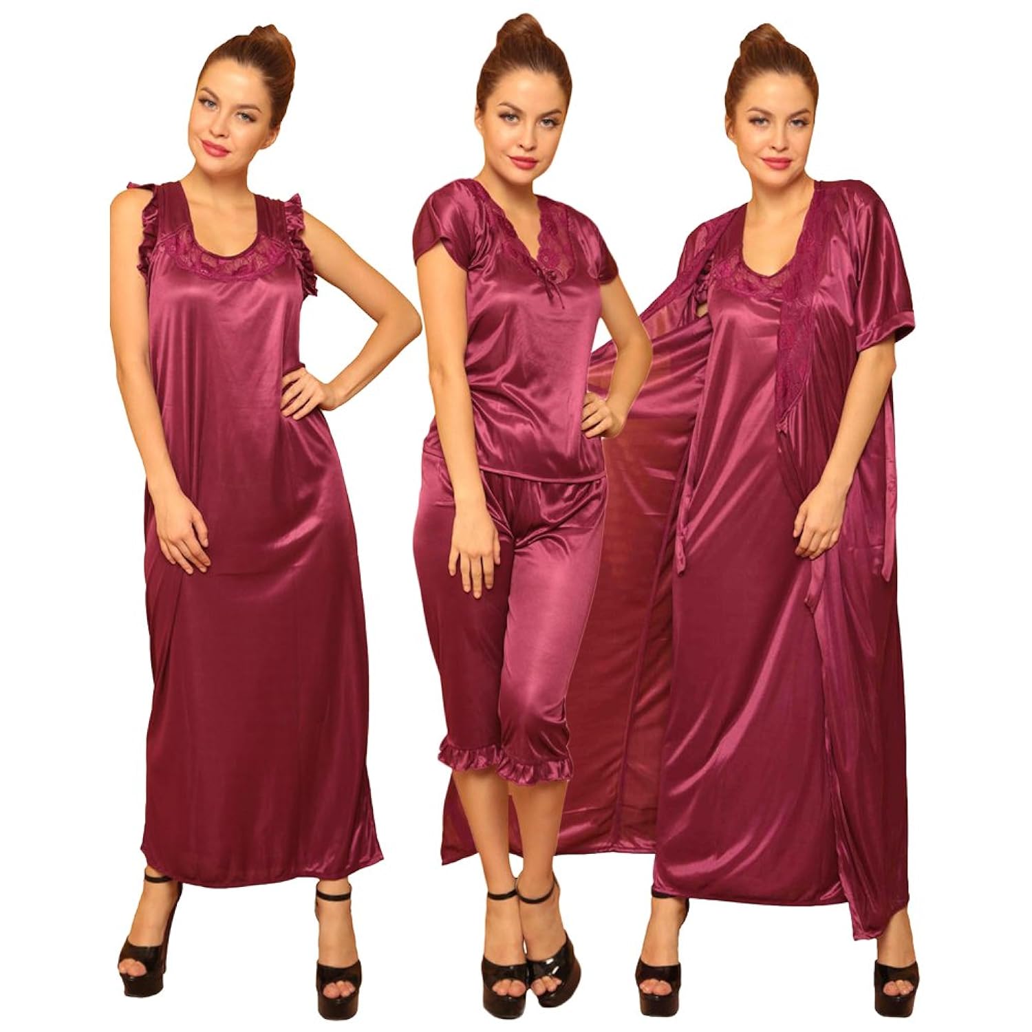 clovia women's 4 pcs satin nightwear in wine - robe, nightie, top, capri