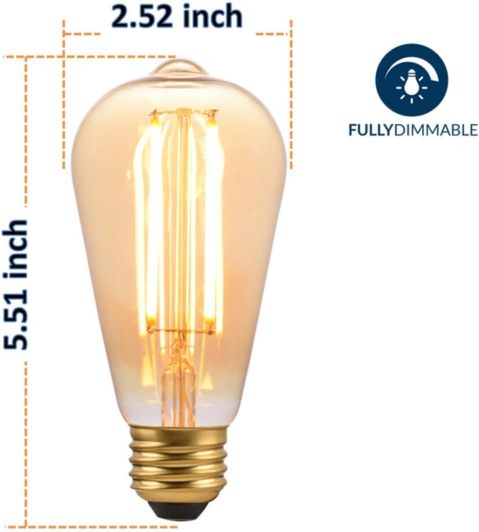 Modvera LED Antique Filament Bulb Edison ST64 Style 6 Watt, 2700K Vintage Warm White Color Temp E26 Base Dimmable Amber Glass Finish UL Listed RoHS Compliant - 6 Pack - - 