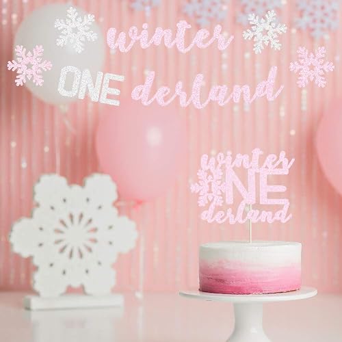Silver & Pink Glitter Winter Onederland Banner - 1st Birthday Party Decor For Girls, Winter Wonderland Theme