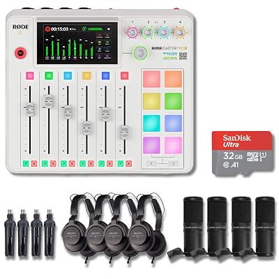 Rode RODECaster Pro 2 (White) Audio Production Studio Bundle with 4x Zoom ZDM-1 Podcast Mic Packs, 32GB microSD Card and StreamEye Polishing Cloth