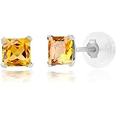 14k White or Yellow Gold Square Stud Earrings for Women with Princess Cut Gemstone 4 mm Birthstone and Push Backs by MAX + STONE