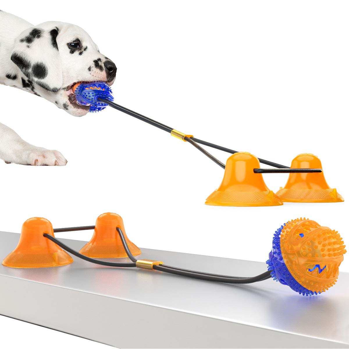 Ruiuzi Double Suction Cup Dog Toy Upgraded - Interactive Puppy Chew Toys for Small and Medium Dogs, Dog Ball for Teething, Boredom, Slow Feeding, Teeth Cleaning and Training (Orange)