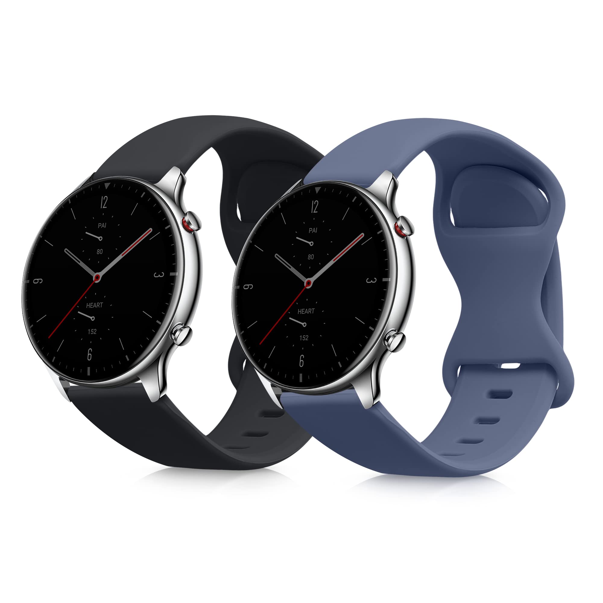 kwmobile Silicone Bands Compatible with Huami Amazfit GTR (47mm) / GTR 2 / GTR 2e / GTR3 / GTR 3 Pro (Set of 2) - Size S 14-19.8 cm - Black/Lavender Grey