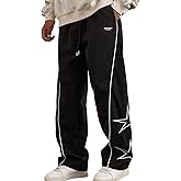 Yimoon Men's Star Pants Y2K Lightweight Drawstring High Rise Side Striped Pants Wide Leg Baggy Dance Pants with Pockets
