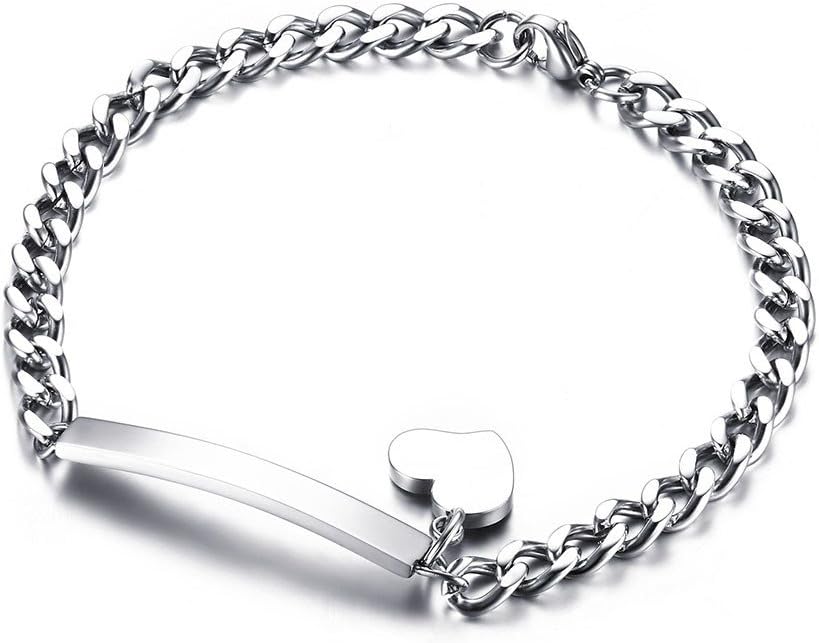 Free Engraving-Stainless Steel Thin ID Tag Chain Bracelets with Small Heart Charm for Women,7.8"