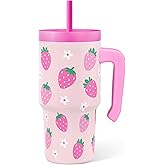 Strawberry Tumbler 20oz with Handle and Silicone Straw Lid for Kid, Insulated Stainless Steel Cup, Gift for Kids Girls, Gifts Idea for Birthday Christmas Back to School