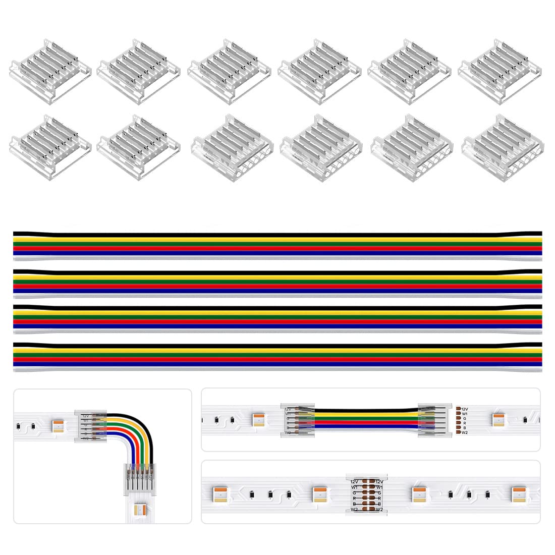 BTF-LIGHTING SMD 6pin 12mm Connector kit 12pcs Transparent Connector 4pcs 15cm Long 22AWG Extension Cable Wire to Board for gapless Soldering and 6pin LED Light Corner Connection