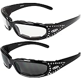 Global Industrial Set of 2 Women Padded Motorcycle Sunglasses Riding Glasses Clear and Smoked Rhinestones With Vented EVA Foam Padding UV400 Filter for Maximum UV Protection
