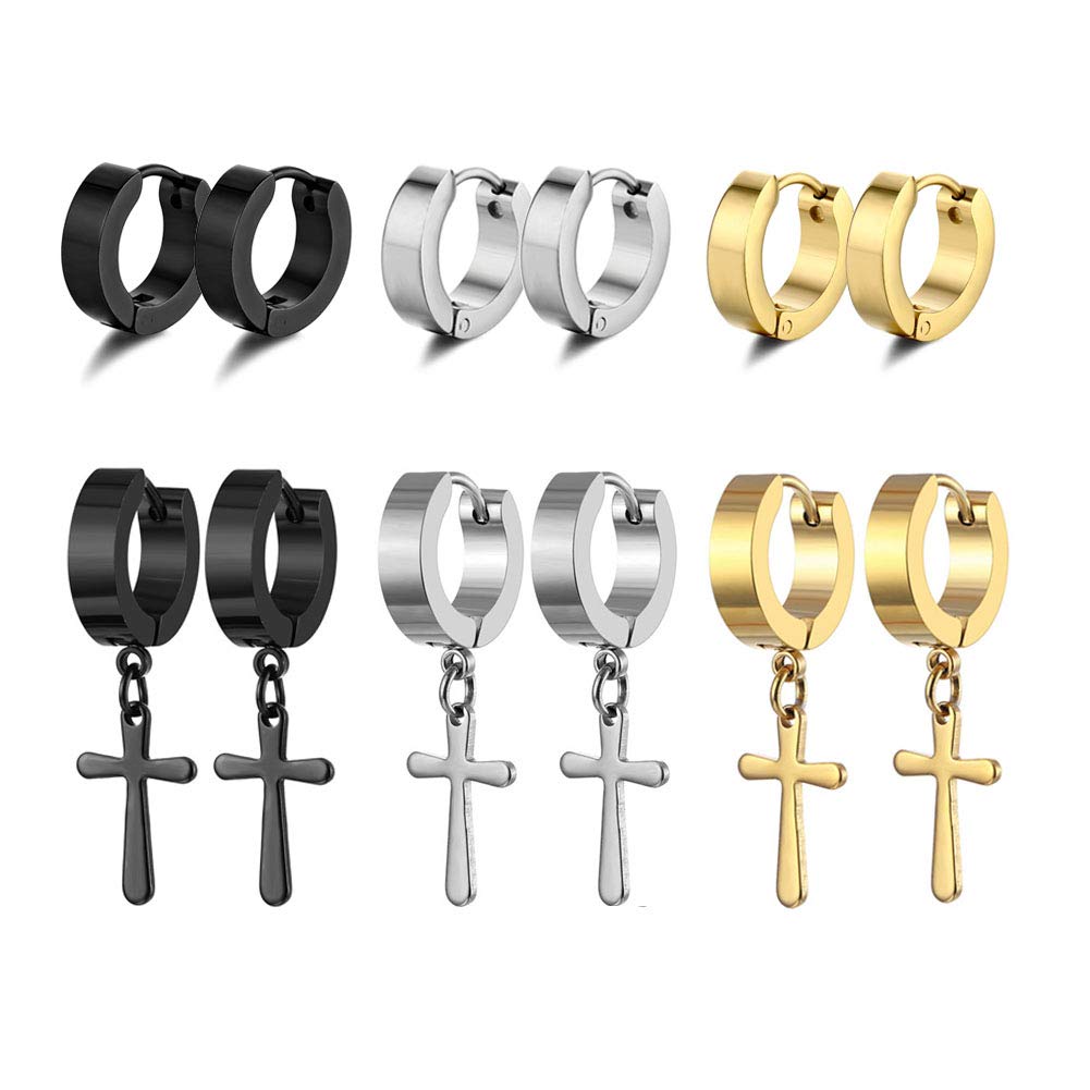 Buy 6 Pairs Titanium Earrings for Men Teens Cross Dangle Hoop Earrings