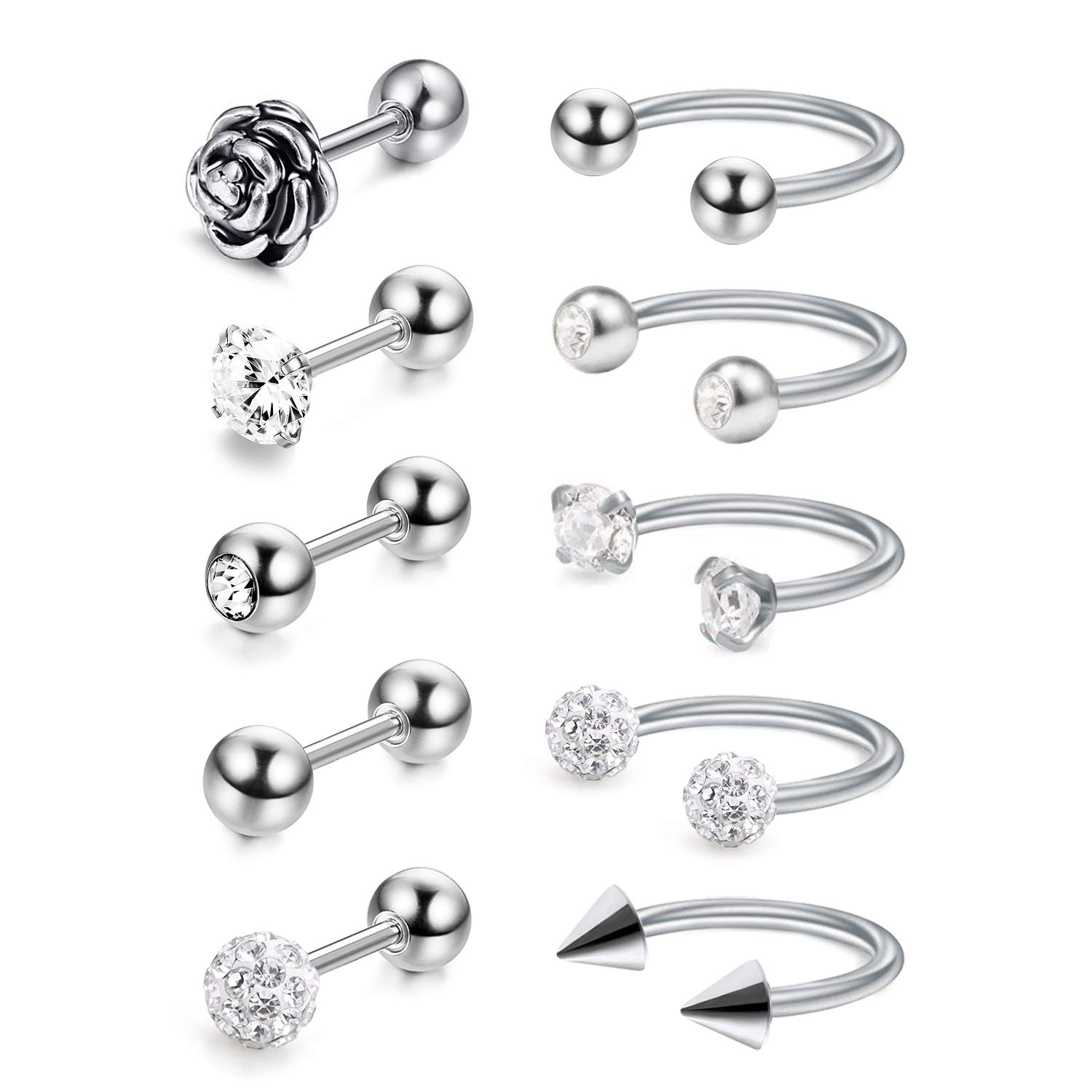 Crdifu 10pcs Tragus Helix Cartilage Earring Studs Daith Rook Conch Horseshoe Ring Stainless Steel 16G Piercing Jewellery
