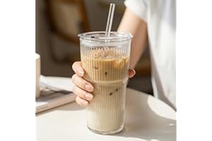 18oz Glass Cup with Lid and Straw, Vintage Ribbed Iced Coffee Cups for Tea, Reusable Iced Coffee Leak Proof Tumbler for Home,
