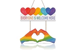 CHDITB Pride Month Decor Everyone Is Welcome Here Wall Hanging, Gay Pride LGBT Rainbow Heart Wooden Sign with Welcome Quotes, Colorful Hand Heart Door Hanger for Party Home