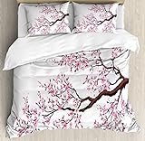 Ambesonne Japanese Duvet Cover Set, Branch of a Flourishing Sakura Tree Flowers Cherry Blossoms Spring Theme Art, Decorative 3 Piece Bedding Set with 2 Pillow Shams, Queen Size, Pink Brown