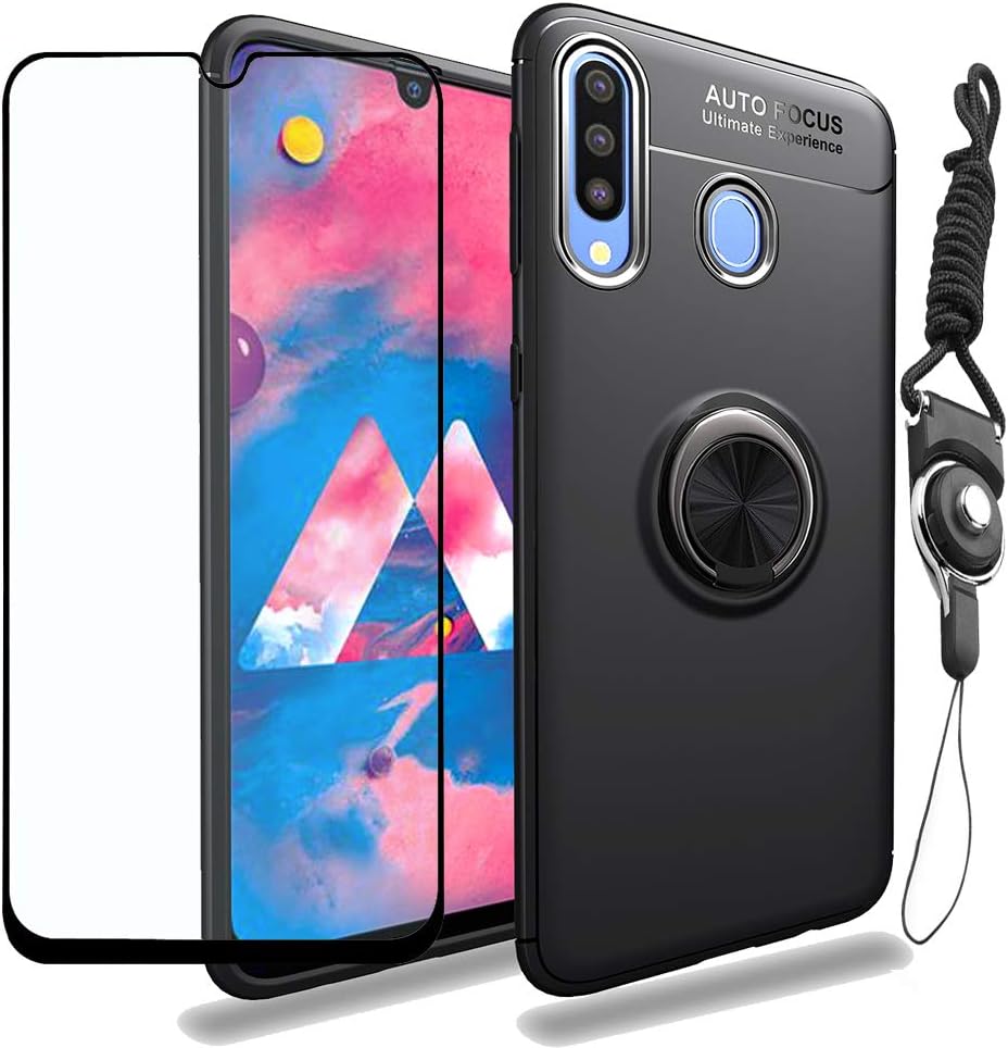 Strug for Samsung Galaxy M30 Case,[Lanyard Neck Cord] 360 Degree Rotating Kickstand Soft TPU Material Magnetic Car Mount Shockproof Slim case with Screen Protector for Samsung Galaxy M30(Black)