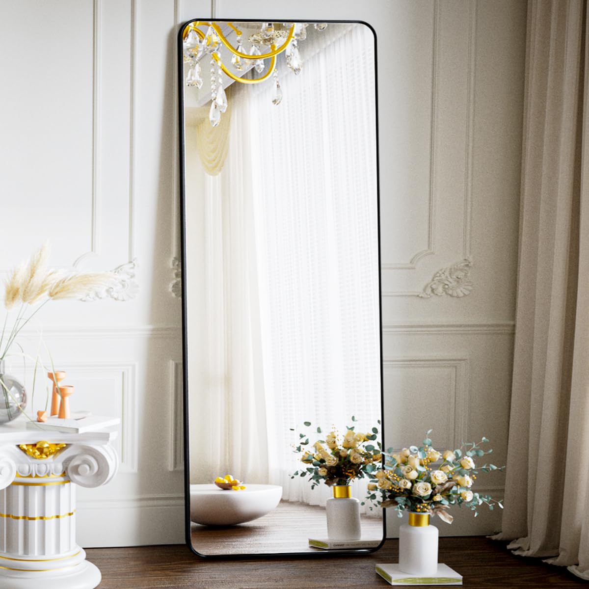Photo 1 of Koonmi Black Floor Mirror Full Length, 64"x21" Rounded Corner Full Length Mirror with Stand, Hanging or Leaning Against Wall, Aluminum Alloy Frame Dressing Mirror for Living Room, Bedroom